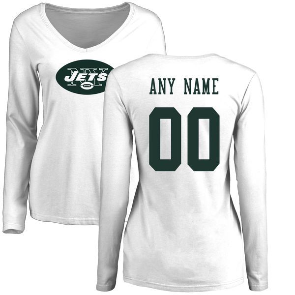 Women New York Jets NFL Pro Line White Custom Name and Number Logo Slim Fit Long Sleeve T-Shirt
